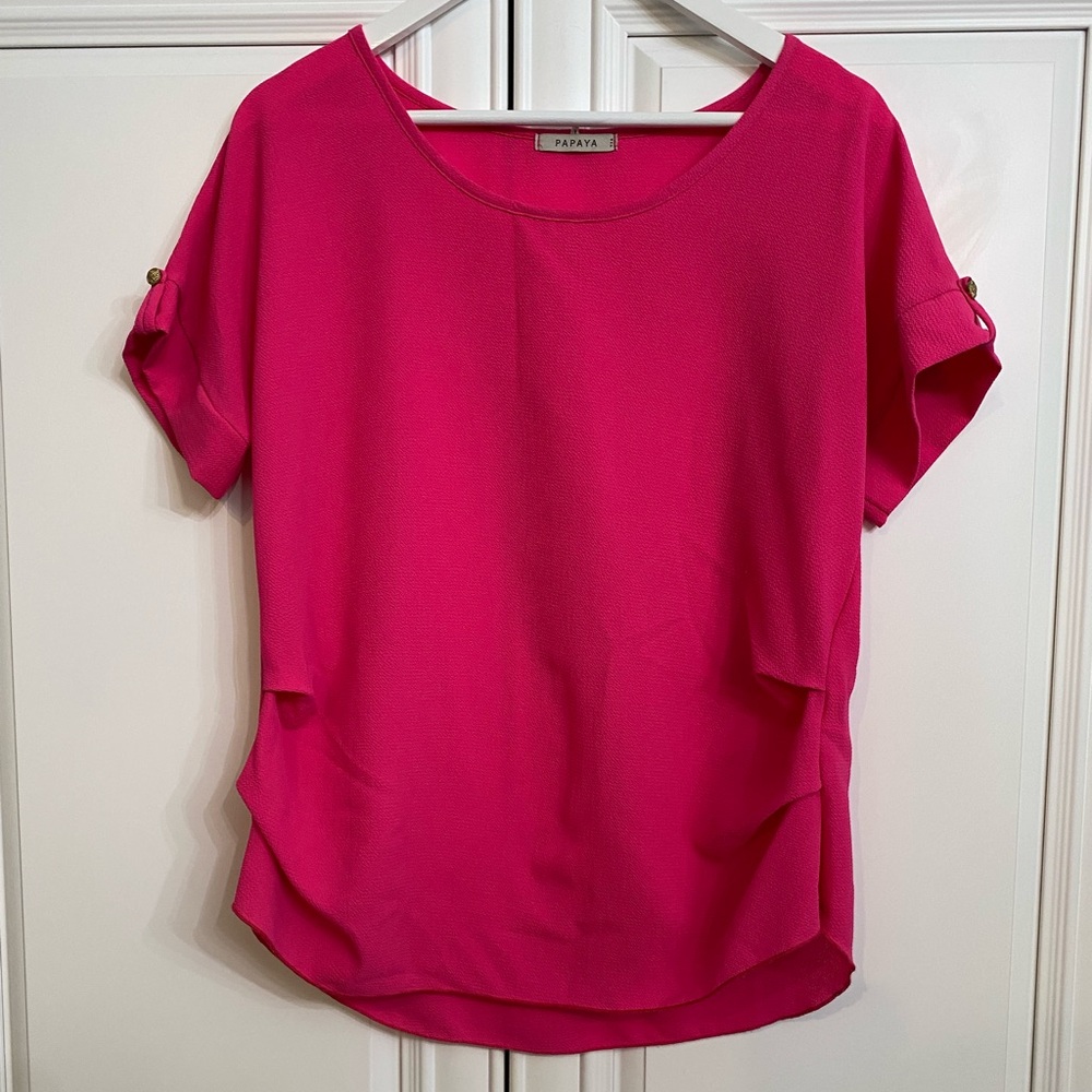 Papaya Size Large Fuchsia Short Sleeve Ruched Scoop Neck Blouse Office Shirt Top